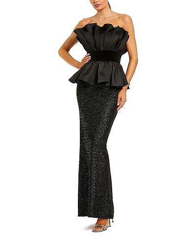 Mac Duggal Strapless Satin Peplum Top with Sequin Skirt Gown