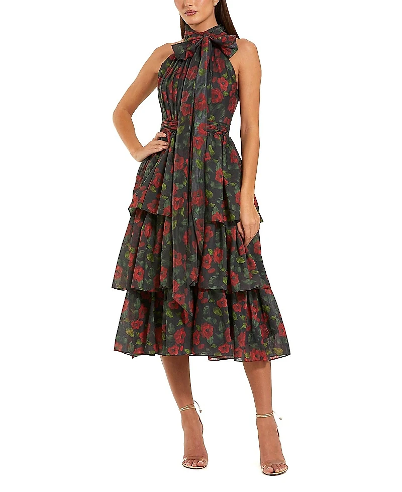 Mac Duggal Floral Chiffon Tiered Midi Dress with Neck Bow