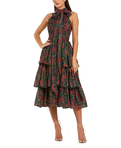 Mac Duggal Floral Chiffon Tiered Midi Dress with Neck Bow