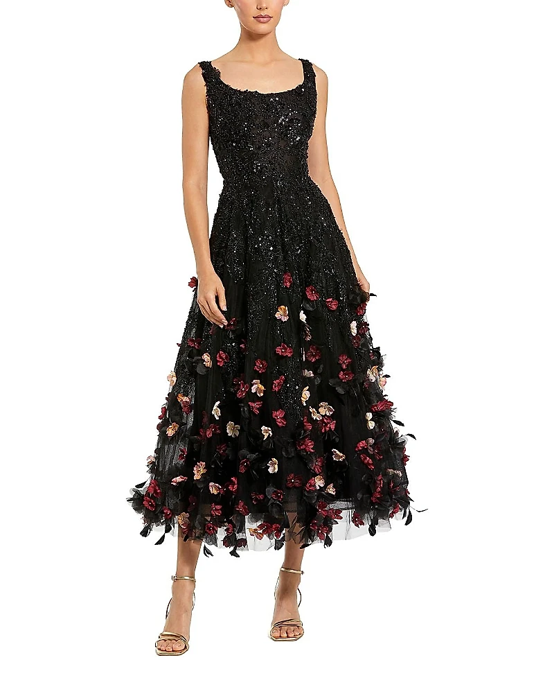 Mac Duggal Sleeveless Beaded With 3D Flowers Midi Dress