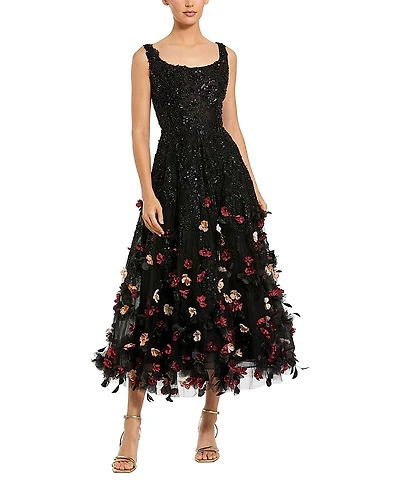 Mac Duggal Sleeveless Beaded With 3D Flowers Midi Dress