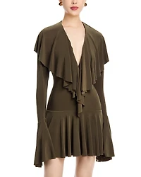 Norma Kamali Deep V Neck Ruffled Mini Dress