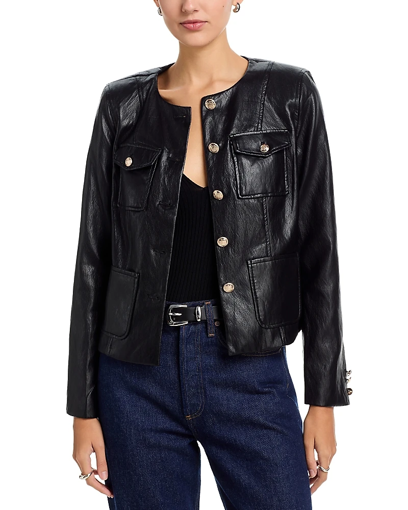 T Tahari Collarless Faux Leather Jacket
