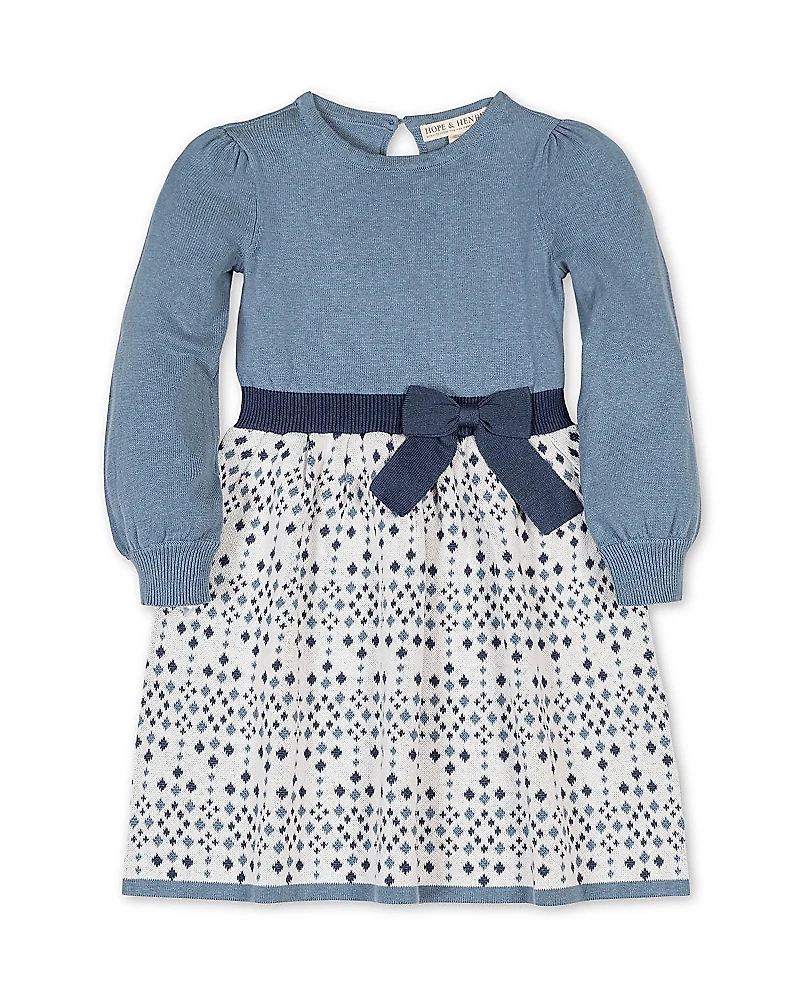 Hope & Henry Girls' Organic Long Sleeve Skater Sweater Dress with Bow - Little Kid, Big Kid