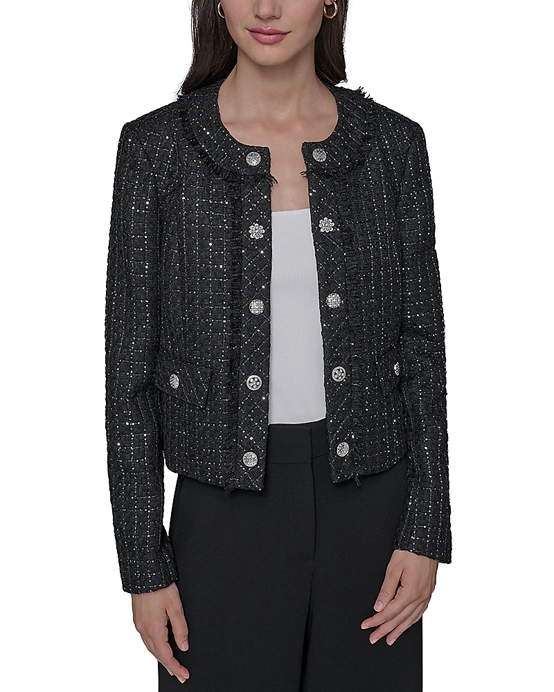Karl Lagerfeld Paris Cropped Collarless Tweed Jacket