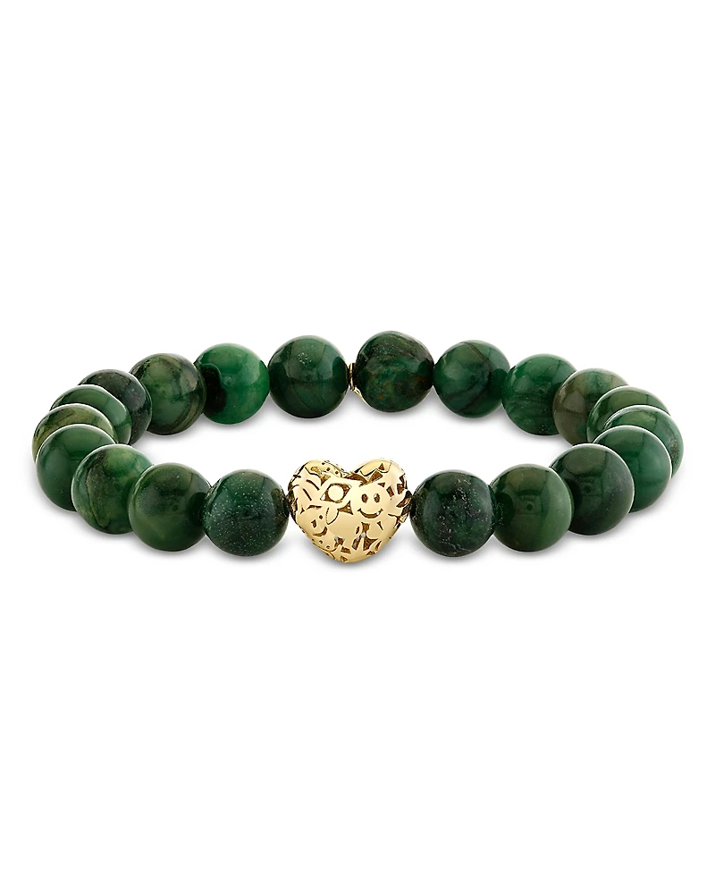 Sydney Evan 14K Yellow Gold Green Verdite Puffy Icon Wallpaper Heart Beaded Bracelet