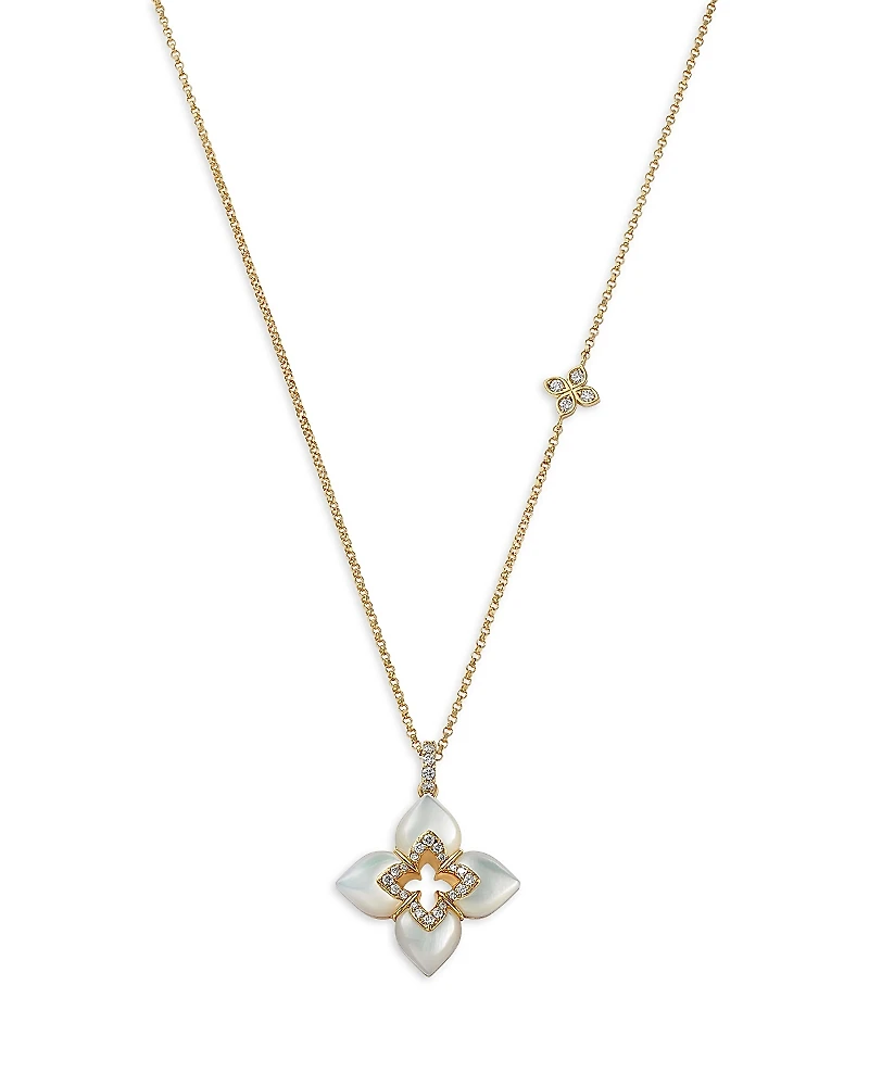 Roberto Coin 18K Yellow Gold Venetian Princess Cabochon Mother of Pearl & Diamond Flower Pendant Necklace, 16-18