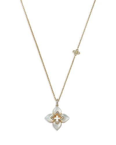 Roberto Coin 18K Yellow Gold Venetian Princess Cabochon Mother of Pearl & Diamond Flower Pendant Necklace, 16-18