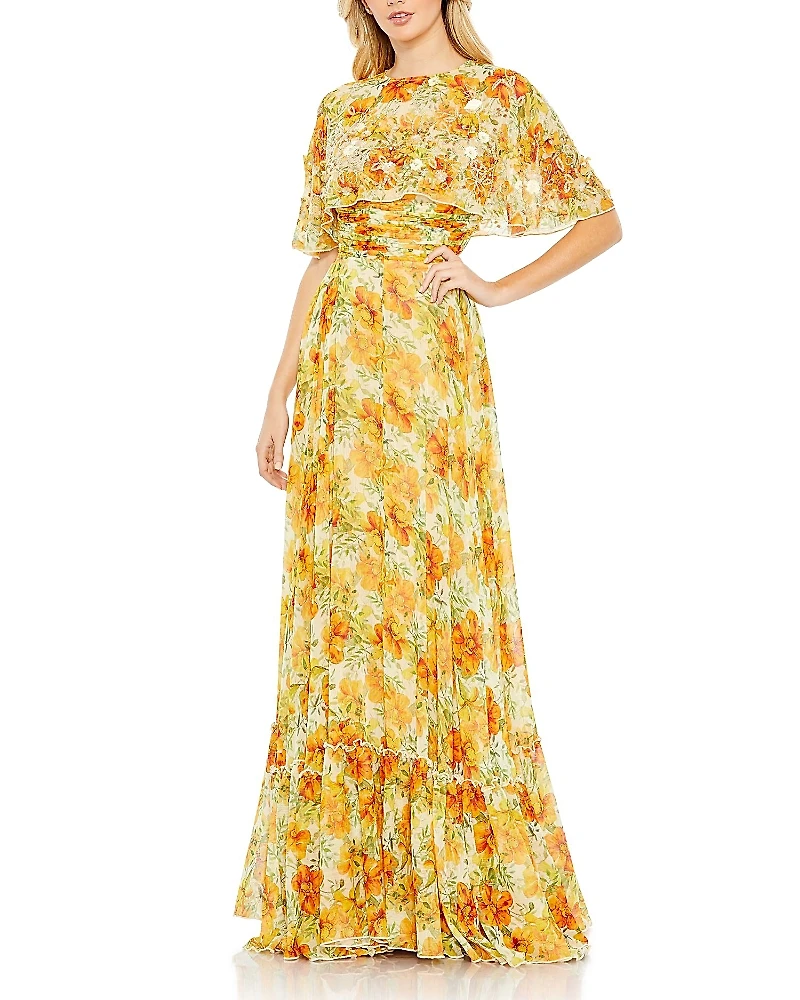 Floral Print High Neck Cape Sleeve A Line Gown