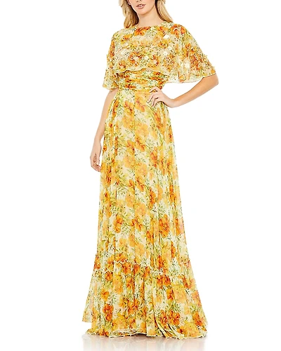 Floral Print High Neck Cape Sleeve A Line Gown