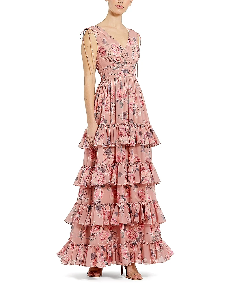 Mac Duggal Drawstring Shoulder Floral Chiffon Tiered Gown