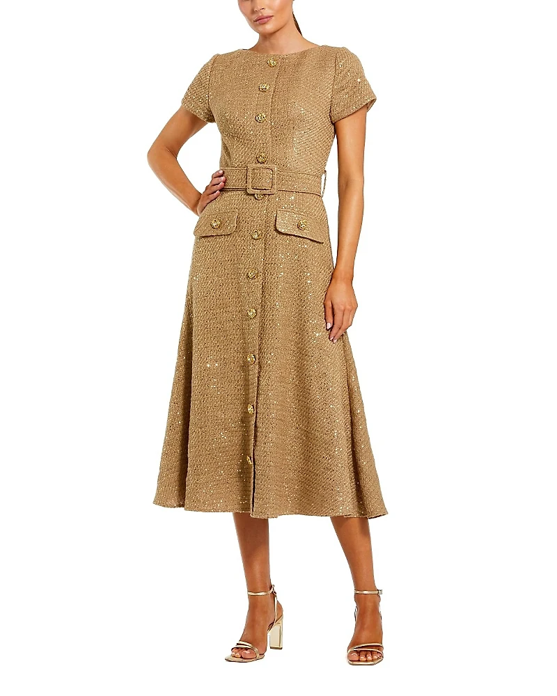 Mac Duggal Boucle Cap Sleeve High Neck Button Up Midi Dress