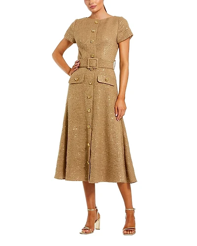 Mac Duggal Boucle Cap Sleeve High Neck Button Up Midi Dress