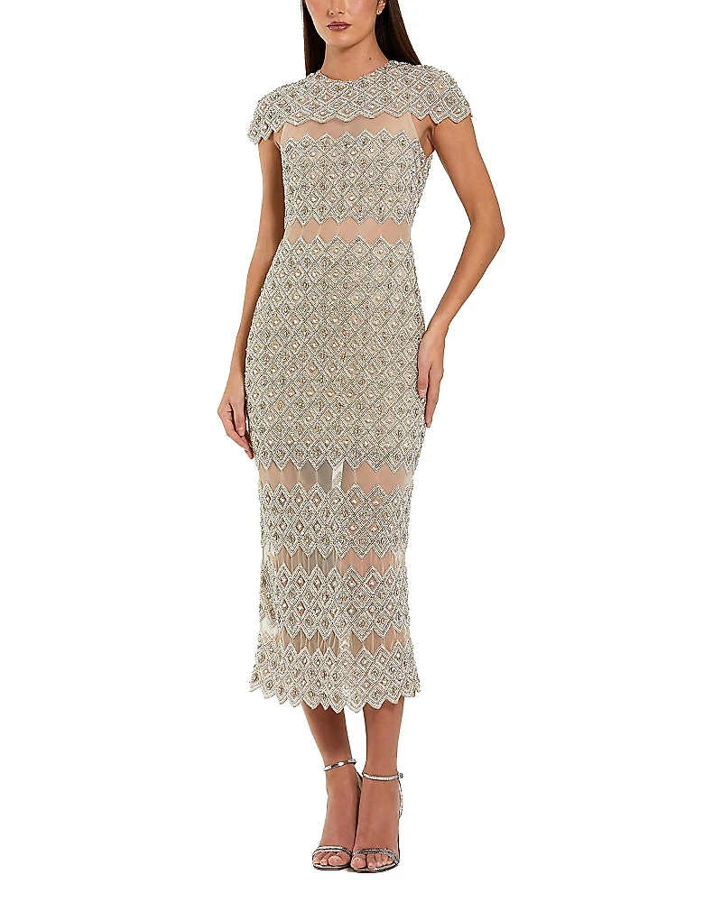 Mac Duggal Beaded Mesh Fitted Midi Dress with Sheer Panels