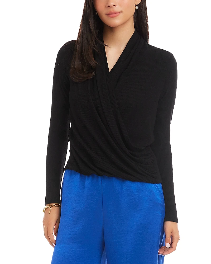 Karen Kane Long Sleeve Ribbed Drape Front Crossover Top