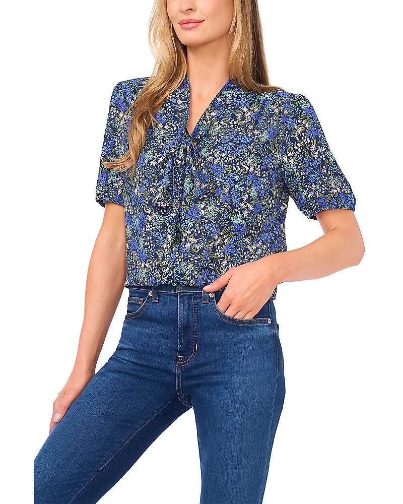 CeCe Tie Neck Short Sleeve Top