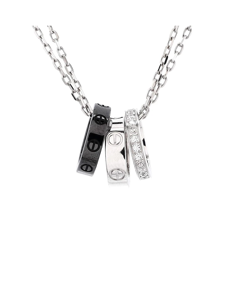 Pre-Owned Cartier Love 3 Ring Pendant Necklace 18K White Gold and Ceramic with Diamonds, 15.25 - 16.5"