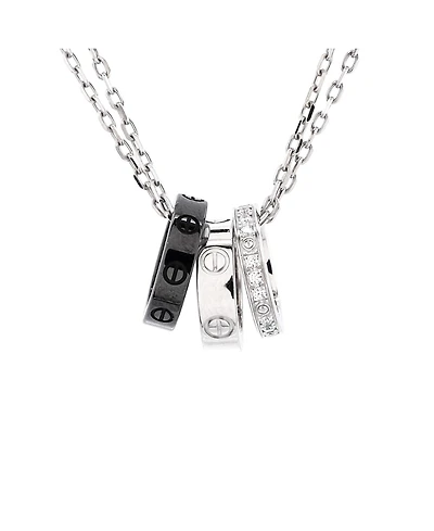 Pre-Owned Cartier Love 3 Ring Pendant Necklace 18K White Gold and Ceramic with Diamonds, 15.25 - 16.5"