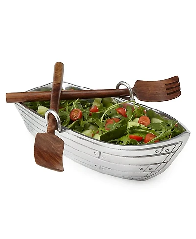 Uncommon Goods Row Boat Serving Bowl with Wood Serving Utensils