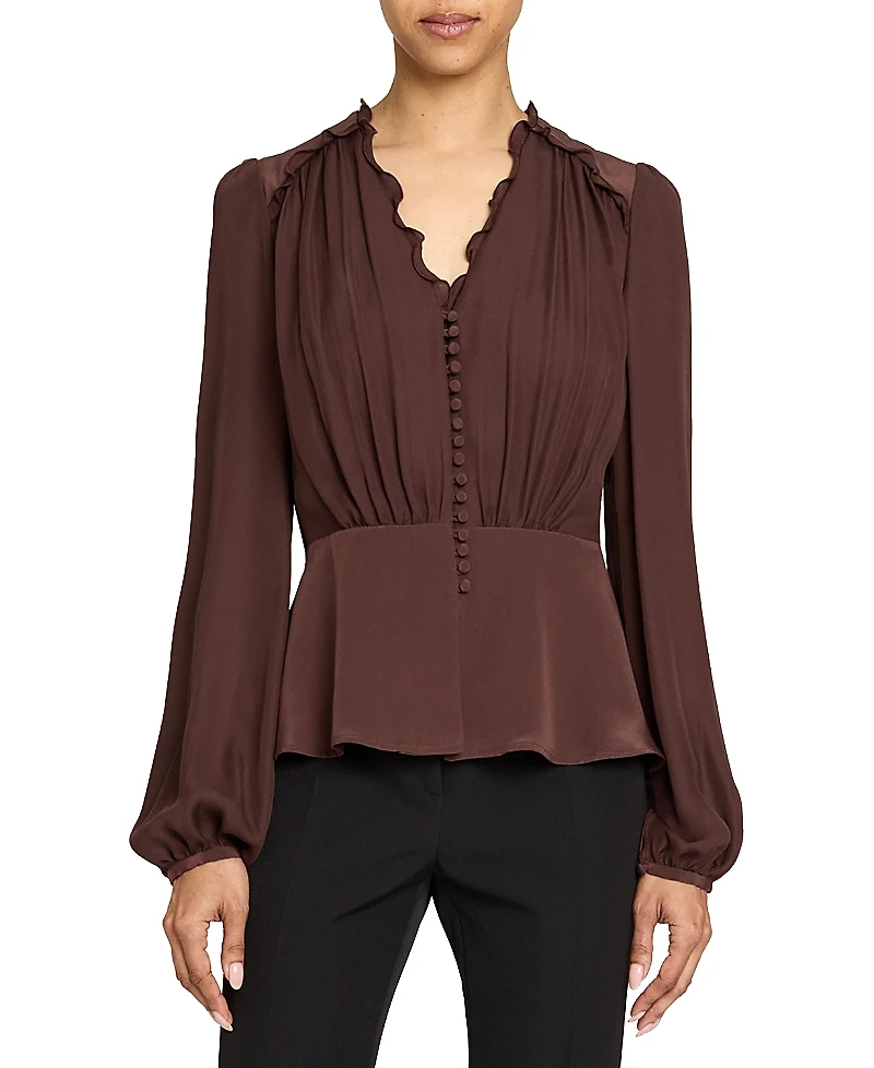 Santorelli Lana Long Sleeve Silk Ruffle Top