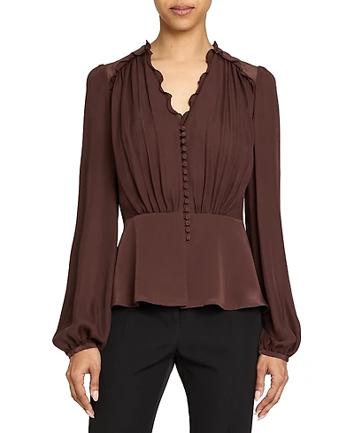 Santorelli Lana Long Sleeve Silk Ruffle Top