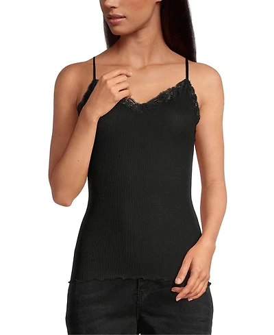 Oscalito Ribbed Wool & Silk V-Neck Camisole with Lace Trim