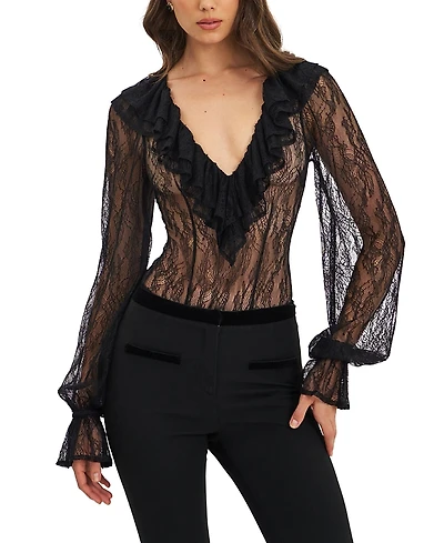 Miss Circle Taliah Sheer Lace Ruffled Collar Bodysuit