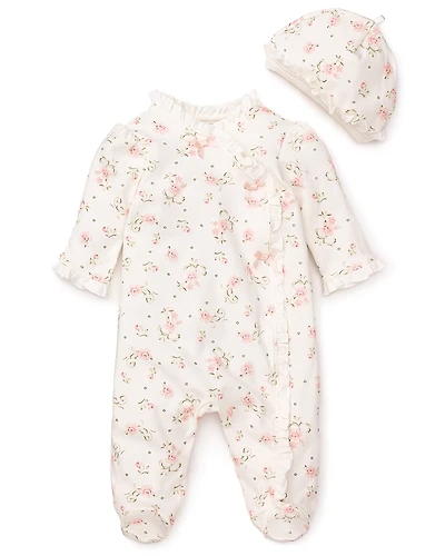 Little Me Girls' Vintage Rose Footie & Cap - Baby