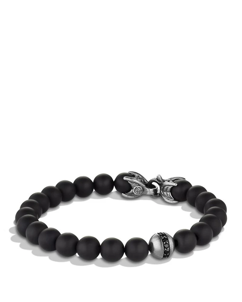 Men's Spiritual Beads Bracelet Sterling Silver with Black Onyx & Pavé Diamond Accent, 8mm