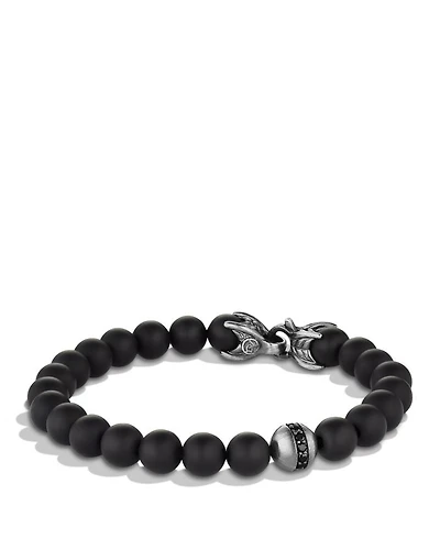 Men's Spiritual Beads Bracelet Sterling Silver with Black Onyx & Pavé Diamond Accent, 8mm