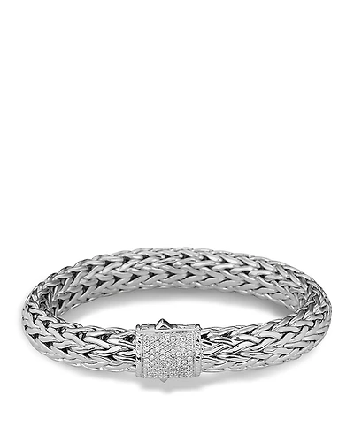 John Hardy Classic Chain Sterling Silver Large Bracelet with Diamond Pave
