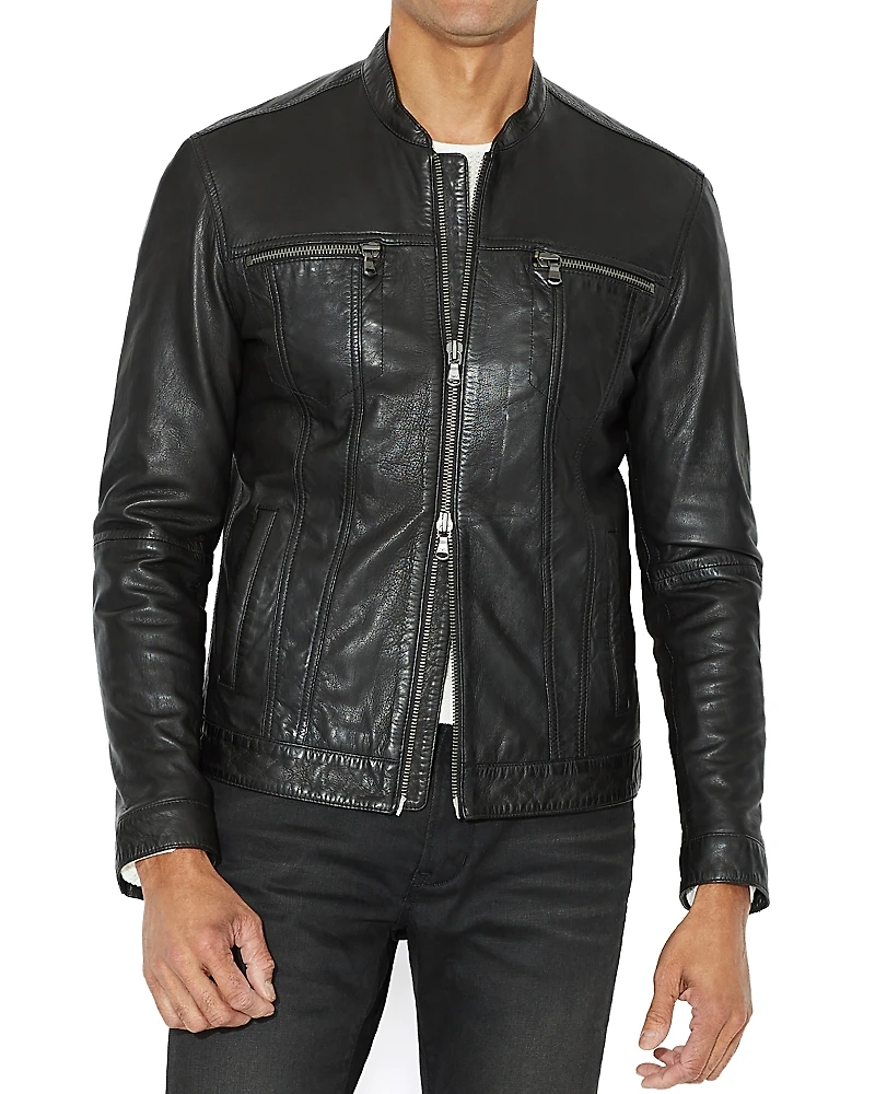 John Varvatos Star Usa Leather Band Collar Moto Jacket