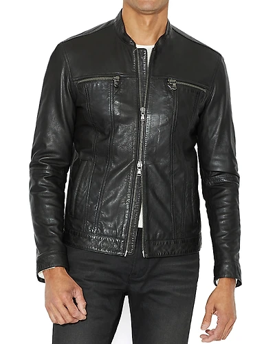 John Varvatos Star Usa Leather Band Collar Moto Jacket