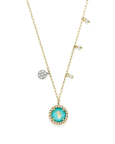 Meira T 14K Yellow Gold Turquoise Doublet and Diamond Pendant Necklace with Cultured Freshwater Pearl Charms, 16