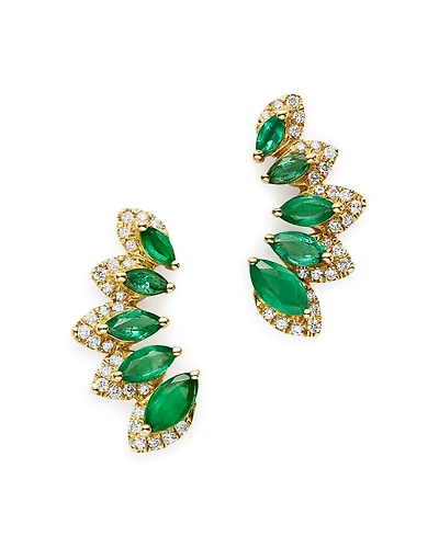 Emerald & Diamond Climber Earrings in 14K Yellow Gold
