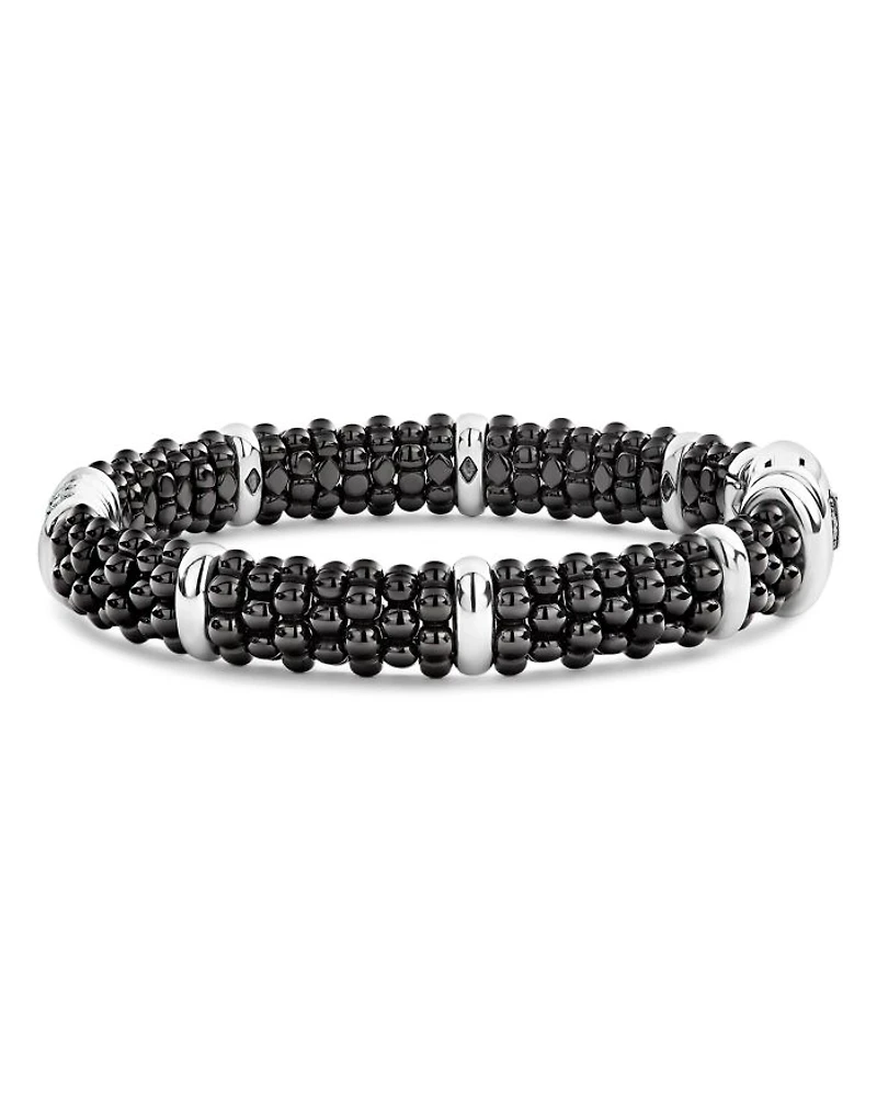 Sterling Silver Black Caviar Collection Pavé Diamond & Ceramic Station Bracelet