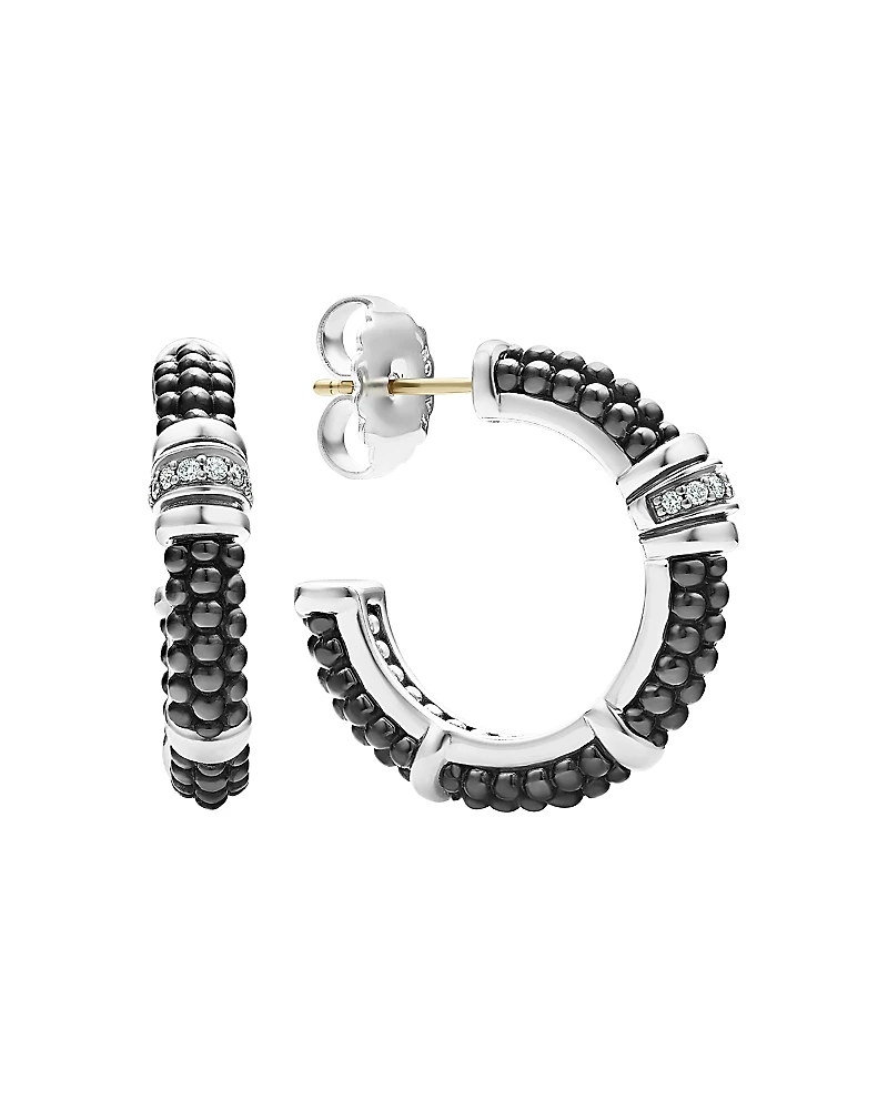 Lagos Sterling Silver & Ceramic Black Caviar Hoop Earrings with Diamonds