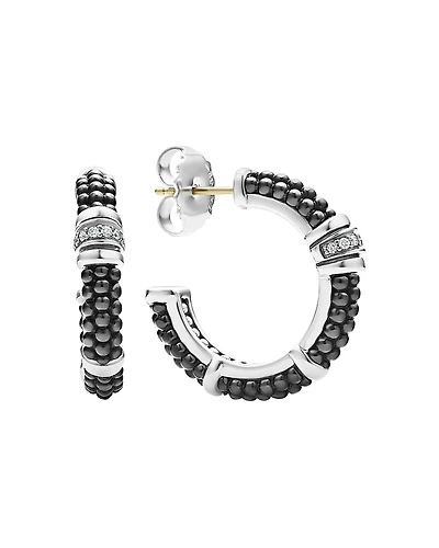 Lagos Sterling Silver & Ceramic Black Caviar Hoop Earrings with Diamonds
