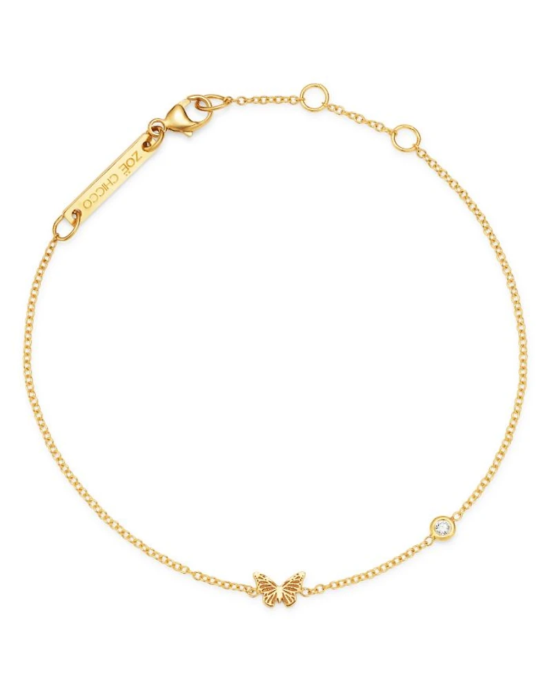 14K Yellow Gold Itty Bitty Butterfly & Diamond Bracelet