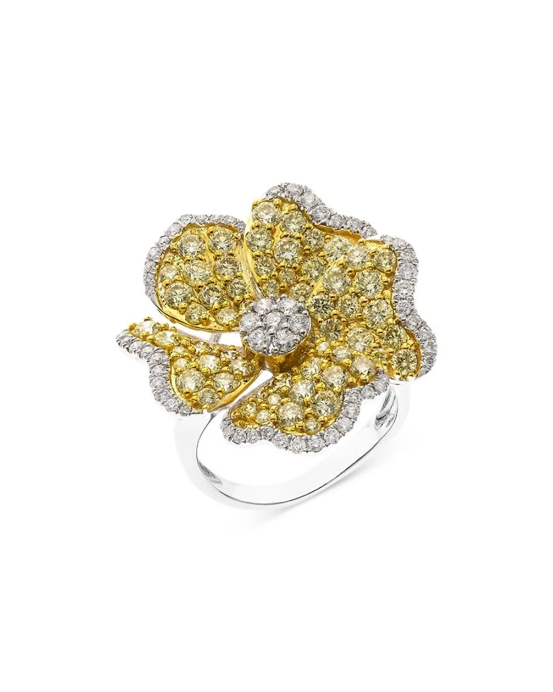 Yellow & White Diamond Flower Ring in 14K White & Yellow Gold, 2.95 tcw
