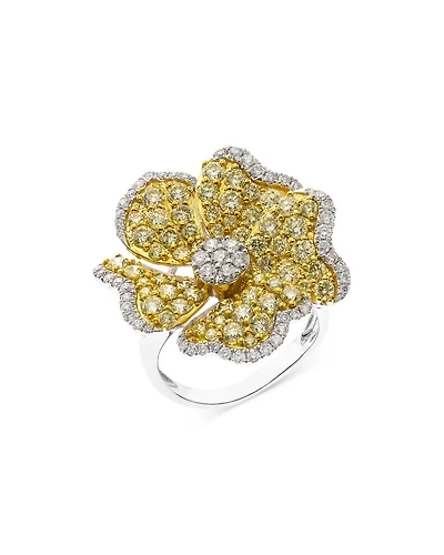 Yellow & White Diamond Flower Ring in 14K White & Yellow Gold, 2.95 tcw