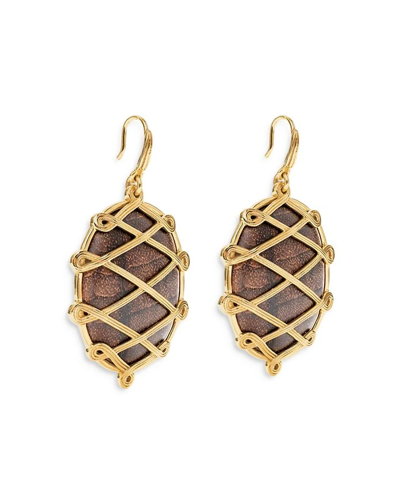 Elizabetta Caged Teak Oval Drop Earrings in 18K Gold Plate
