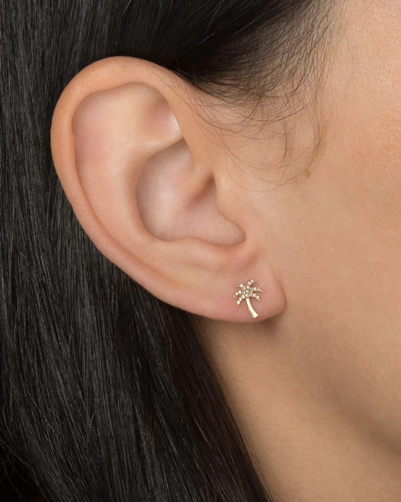 14K Yellow Gold Diamond Palm Tree Stud Earrings