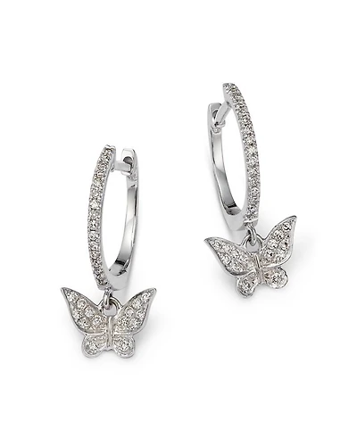 14K White Gold Diamond Butterfly Dangle Hoop Earrings
