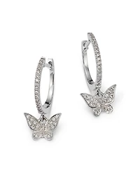 14K White Gold Diamond Butterfly Dangle Hoop Earrings