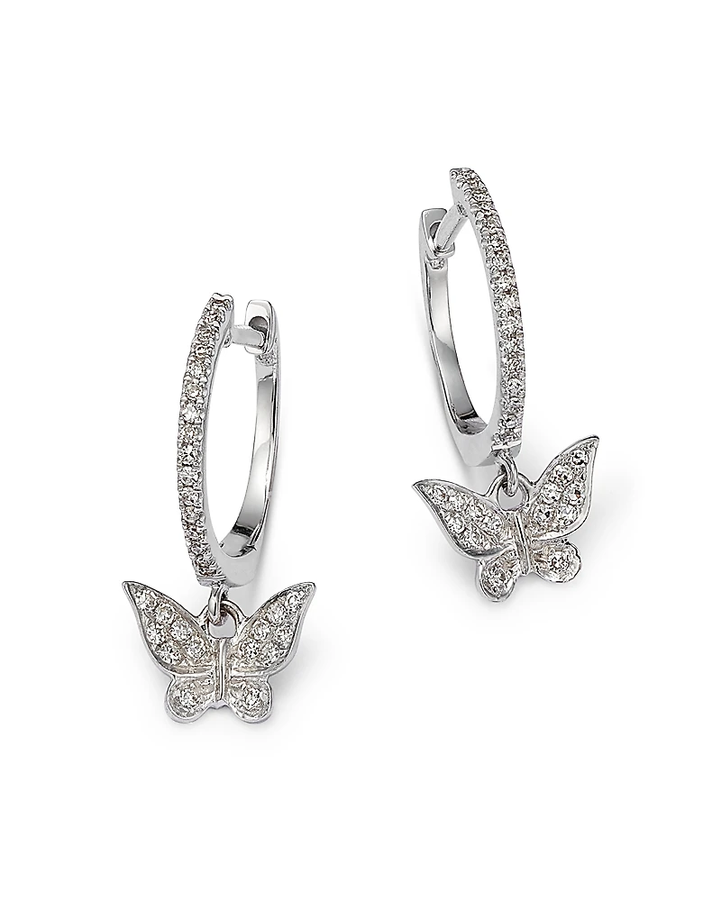 Meira T 14K White Gold Diamond Butterfly Dangle Hoop Earrings
