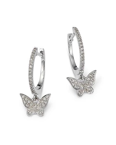 Meira T 14K White Gold Diamond Butterfly Dangle Hoop Earrings