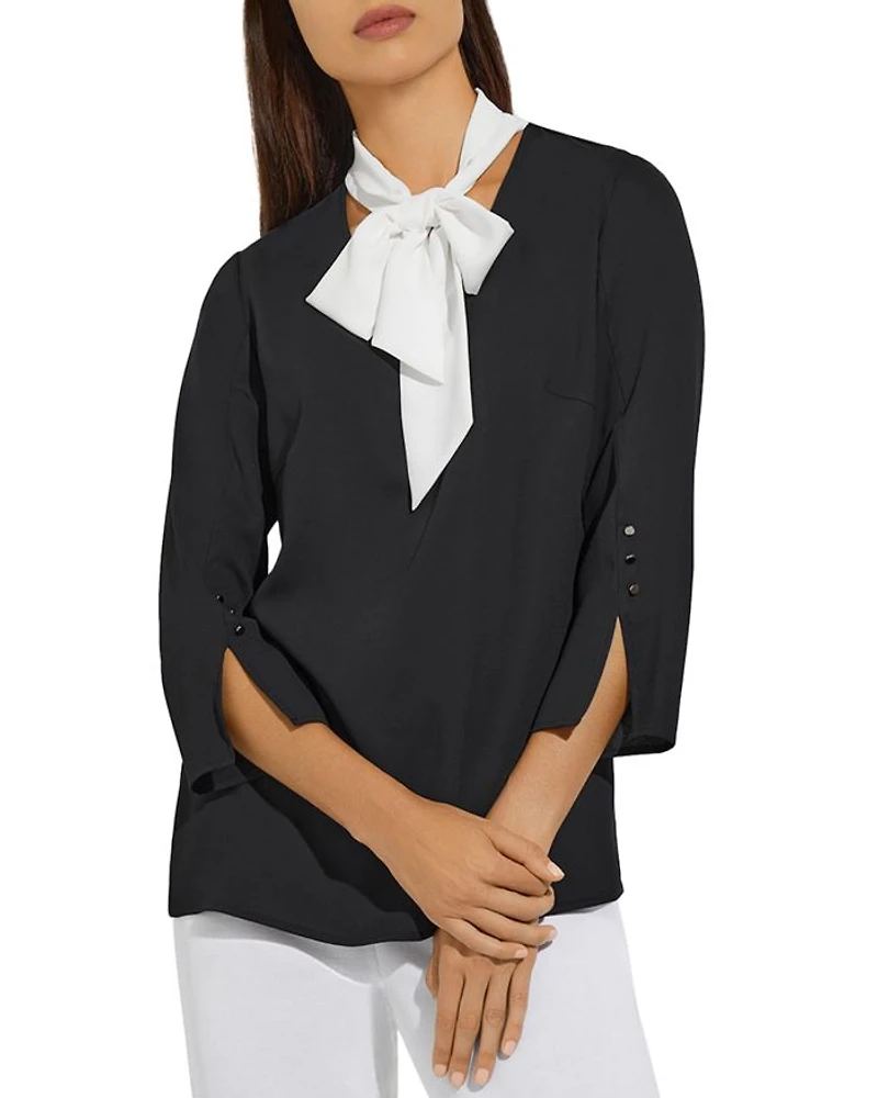 Contrast Tie V-Neck Crepe de Chine Blouse