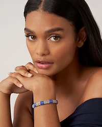 18K Yellow Gold & Sterling Silver Blue Ceramic Rondelle Caviar Bead Statement Bracelets