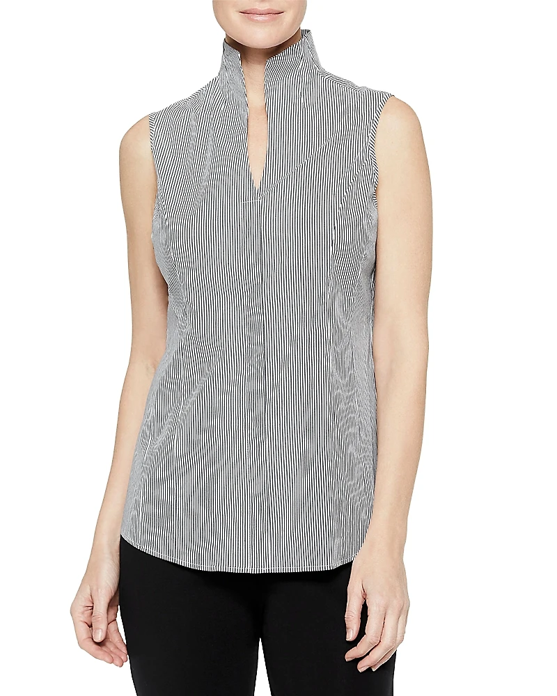 Misook Striped Mandarin Collar Top